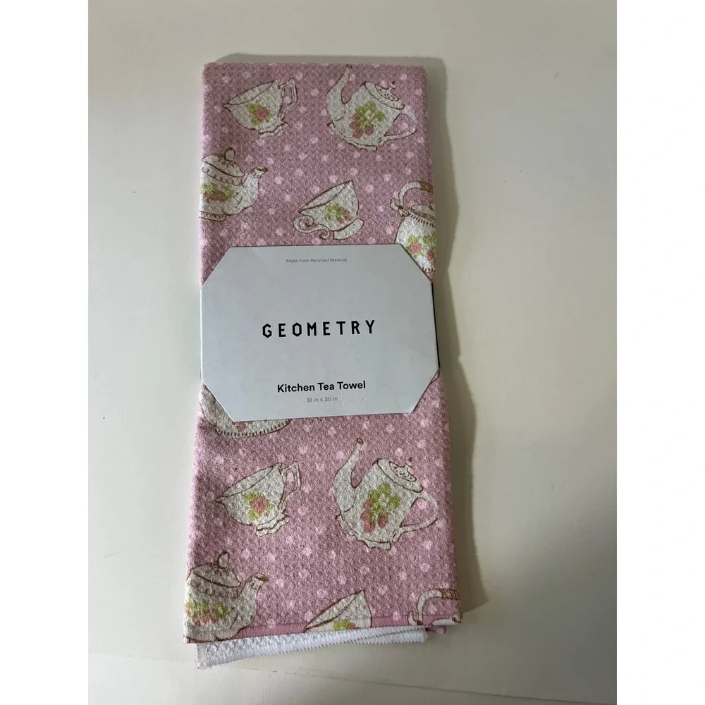 Geometry‎ Kitchen Tea Towels Tea Cups Teapots Polka Dot Pink White NWT